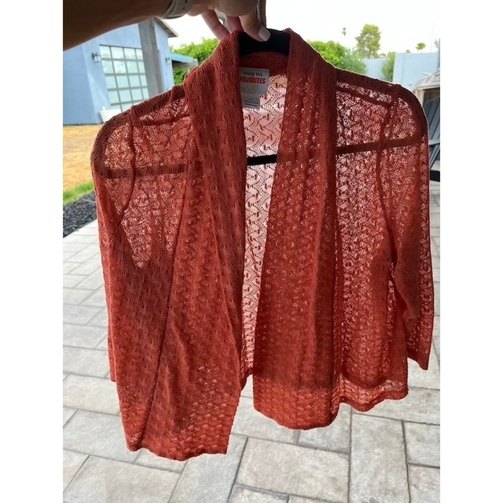 Ruby Rd Favorites Womens Large Rust Terracotta Crochet Lace Open Front Cardigan
